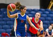 16 January 2024; Abi Lyons of St Andrew's College in action against Emma Diver of Coláiste Na Carraige during the Pinergy Basketball Ireland U16B Girls Schools Cup Final match between Coláiste Na Carraige, Donegal and St Andrew's College, Dublin, at National Basketball Arena in Tallaght, Dublin. Photo by Tyler Miller/Sportsfile