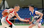 16 January 2024; Mikolaj Urbanski of Midleton in action against Thady Walsh of St Brendan's College Belmullet during the Pinergy Basketball Ireland U19C Boys Schools Cup Final match between St Brendan’s College Belmullet, Mayo and Midleton at National Basketball Arena in Tallaght, Dublin. Photo by Tyler Miller/Sportsfile