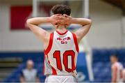 16 January 2024; Sean O'Brien of Midleton reacts during the Pinergy Basketball Ireland U19C Boys Schools Cup Final match between St Brendan’s College Belmullet, Mayo and Midleton at National Basketball Arena in Tallaght, Dublin. Photo by Tyler Miller/Sportsfile