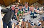 16 January 2024; St Brendan’s College Belmullet players from left, Liam Maloney, Seamus Howard, Patrick Conroy, and Colin O'Donnell celebrate with supporter John Shevlin and the cup after their side's victory in the Pinergy Basketball Ireland U19C Boys Schools Cup Final match between St Brendan’s College Belmullet, Mayo and Midleton at National Basketball Arena in Tallaght, Dublin. Photo by Tyler Miller/Sportsfile