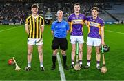 13 January 2024; Referee Colm McDonald with Tullogher Rosbercon captain Colman O'Sullivan and St Catherine's joint-captains Eoghan O'Riordan, 3, and Conor Hegarty before the AIB GAA Hurling All-Ireland Junior Club Championship final match between St Catherine's of Cork and Tullogher Rosbercon of Kilkenny at Croke Park in Dublin. Photo by Piaras Ó Mídheach/Sportsfile