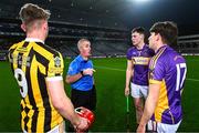 13 January 2024; Referee Colm McDonald with Tullogher Rosbercon captain Colman O'Sullivan and St Catherine's joint-captains Eoghan O'Riordan, 3, and Conor Hegarty before the AIB GAA Hurling All-Ireland Junior Club Championship final match between St Catherine's of Cork and Tullogher Rosbercon of Kilkenny at Croke Park in Dublin. Photo by Piaras Ó Mídheach/Sportsfile