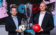 17 January 2024; Virgin Media Television announce details of live League of Ireland coverage, including televised SSE Airtricity Men's Premier Division fixtures. Pictured at the announcement are Virgin Media Television head of news and sport Mick McCaffrey, right, and League of Ireland director Mark Scanlon, at Virgin Media Television Studios in Ballymount, Dublin. Photo by Seb Daly/Sportsfile