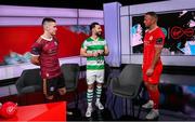 17 January 2024; Virgin Media Television announce details of live League of Ireland coverage, including televised SSE Airtricity Men's Premier Division fixtures. Pictured at the announcement are, from left, Maurice Nugent of Galway United, Richie Towell of Shamrock Rovers, and Paddy Barrett of Shelbourne, at Virgin Media Television Studios in Ballymount, Dublin. Photo by Seb Daly/Sportsfile