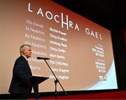 15 January 2024; Brian Tyers of TG4 speaking at the launch of TG4's award-winning Laochra Gael series at the Light House Cinema in Dublin as the Gaelic sport biography series returns for another season. Photo by Tyler Miller/Sportsfile