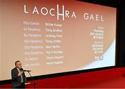 15 January 2024; Uachtarán Chumann Lúthchleas Gael Larry McCarthy speaking at the launch of TG4's award-winning Laochra Gael series at the Light House Cinema in Dublin as the Gaelic sport biography series returns for another season. Photo by Tyler Miller/Sportsfile