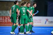 17 January 2024; Luke Madeley of Ireland celebrates after scoring their side's first goal with his teammates during the FIH Men's Olympic Hockey Qualifying Tournament Pool A match between Ireland and Japan at Campo de Hockey Hierba Tarongers in Valencia, Spain. Photo by Manuel Queimadelos/Sportsfile