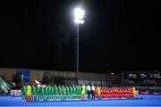 17 January 2024; Players and officials line up for the National Anthems ahead the FIH Men's Olympic Hockey Qualifying Tournament Pool A match between Ireland and Japan at Campo de Hockey Hierba Tarongers in Valencia, Spain. Photo by Manuel Queimadelos/Sportsfile