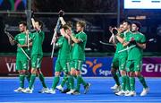 17 January 2024; The Ireland team celebrate after their victory in the FIH Men's Olympic Hockey Qualifying Tournament Pool A match between Ireland and Japan at Campo de Hockey Hierba Tarongers in Valencia, Spain. Photo by Manuel Queimadelos/Sportsfile