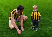13 January 2024; Pat Hartley of Tullogher Rosbercon with his son JP after their side's victory in the AIB GAA Hurling All-Ireland Junior Club Championship final match between St Catherine's of Cork and Tullogher Rosbercon of Kilkenny at Croke Park in Dublin. Photo by Piaras Ó Mídheach/Sportsfile