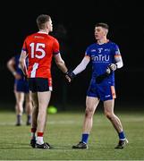 17 January 2024; Dylan Dorrian of ATU Donegal and David Buckley of MTU Cork after the Electric Ireland Higher Education GAA Sigerson Cup Round 2 match between MTU Cork and ATU Donegal at the GAA National Games Development Centre in Abbotstown, Dublin. Photo by Ben McShane/Sportsfile