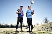 18 January 2024; Longford footballer Bryan Masterson, left, and Dublin footballer Niall Scully during a promotional launch event for the Dioralyte O’Byrne Cup Final at the GAA National Games Development Centre in Abbotstown, Dublin, ahead of Saturday's final between Dublin and Longford. Photo by Sam Barnes/Sportsfile