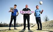 18 January 2024; In attendance during a promotional launch event for the Dioralyte O’Byrne Cup Final at the GAA National Games Development Centre in Abbotstown, Dublin, ahead of Saturday's final between Dublin and Longford are, from left, Longford footballer Bryan Masterson, Phoenix Labs Chief Executive Officer Larry McGowan and Dublin footballer Niall Scully. Photo by Sam Barnes/Sportsfile