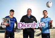 18 January 2024; In attendance during a promotional launch event for the Dioralyte O’Byrne Cup Final at the GAA National Games Development Centre in Abbotstown, Dublin, ahead of Saturday's final between Dublin and Longford are, from left, Longford footballer Bryan Masterson, Phoenix Labs Chief Executive Officer Larry McGowan and Dublin footballer Niall Scully. Photo by Sam Barnes/Sportsfile