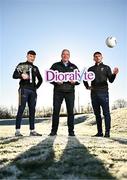 18 January 2024; In attendance during a promotional launch event for the Dioralyte O’Byrne Cup Final at the GAA National Games Development Centre in Abbotstown, Dublin, ahead of Saturday's final between Dublin and Longford are, from left, Longford footballer Bryan Masterson, Phoenix Labs Chief Executive Officer Larry McGowan and Dublin footballer Niall Scully. Photo by Sam Barnes/Sportsfile