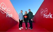 18 January 2024; In attendance at Virgin Media Park in Cork ahead of VMTV’s coverage of the 2024 Six Nations, are, from left, Virgin Media Park ambassador Andrew Conway, with Virgin Media Television analysts Fiona Hayes and Alan Quinlan. Photo by Brendan Moran/Sportsfile