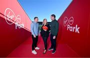 18 January 2024; In attendance at Virgin Media Park in Cork ahead of VMTV’s coverage of the 2024 Six Nations, are, from left, Virgin Media Park ambassador Andrew Conway, with Virgin Media Television analysts Fiona Hayes and Alan Quinlan. Photo by Brendan Moran/Sportsfile