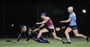 18 January 2024; Niall Collins of University of Galway in action against SETU Carlow goalkeeper James Lawlor, left, and Michael Dundon during the Electric Ireland Higher Education GAA Fitzgibbon Cup Round 1 match between SETU Carlow and University of Galway at SETU Carlow Sport Complex in Carlow. Photo by Seb Daly/Sportsfile