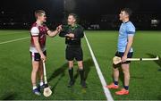 18 January 2024; Referee James Owens with team captains Conor Walsh of University of Galway and Eoin Cody of SETU Carlow before the Electric Ireland Higher Education GAA Fitzgibbon Cup Round 1 match between SETU Carlow and University of Galway at SETU Carlow Sport Complex in Carlow. Photo by Seb Daly/Sportsfile