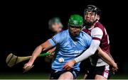 18 January 2024; Joe Fogarty of SETU Carlow in action against Eoin Lawless of University of Galway during the Electric Ireland Higher Education GAA Fitzgibbon Cup Round 1 match between SETU Carlow and University of Galway at SETU Carlow Sport Complex in Carlow. Photo by Seb Daly/Sportsfile