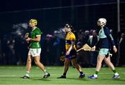 10 January 2024; Limerick players Dan Morrissey and goalkeeper Jamie Power alongside David Reidy of Clare during the Co-Op Superstores Munster Hurling League Group A match between Clare and Limerick at Clarecastle GAA astro pitch in Clare. Photo by Piaras Ó Mídheach/Sportsfile