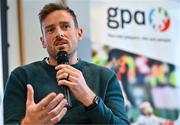19 January 2024; Laois footballer Kieran Lillis speaking in a panel discussion during the GPA Rookie Camp at the Radisson Blu Hotel, Dublin Airport. Photo by Sam Barnes/Sportsfile