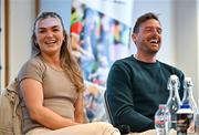 19 January 2024; Kilkenny camogie player Michelle Teehan, left, and Laois footballer Kieran Lillis speaking in a panel discussion during the GPA Rookie Camp at the Radisson Blu Hotel, Dublin Airport. Photo by Sam Barnes/Sportsfile