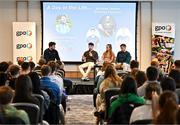 19 January 2024; Dublin footballer Evan Comerford, second from left, speaking in a panel discussion with from left, Let's Face It podcast host Domhnall Nugent, Kilkenny camogie player Michelle Teehan and Laois footballer Kieran Lillis during the GPA Rookie Camp at the Radisson Blu Hotel, Dublin Airport. Photo by Sam Barnes/Sportsfile