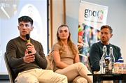 19 January 2024; Dublin footballer Evan Comerford, left, speaking in a panel discussion during the GPA Rookie Camp at the Radisson Blu Hotel, Dublin Airport. Photo by Sam Barnes/Sportsfile