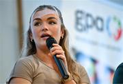 19 January 2024; Kilkenny camogie player Michelle Teehan speaking in a panel discussion during the GPA Rookie Camp at the Radisson Blu Hotel, Dublin Airport. Photo by Sam Barnes/Sportsfile