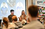 19 January 2024; Kilkenny camogie player Michelle Teehan, right, and Dublin footballer Evan Comerford speaking in a panel discussion during the GPA Rookie Camp at the Radisson Blu Hotel, Dublin Airport. Photo by Sam Barnes/Sportsfile