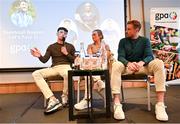 19 January 2024; Speaking in a panel discussion are, from left, Dublin footballer Evan Comerford, Kilkenny camogie player Michelle Teehan and Laois footballer Kieran Lillis during the GPA Rookie Camp at the Radisson Blu Hotel, Dublin Airport. Photo by Sam Barnes/Sportsfile