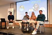 19 January 2024; Speaking during a panel discussion are, from left, Let's Face It podcast host Domhnall Nugent, Dublin footballer Evan Comerford, Kilkenny camogie player Michelle Teehan and Laois footballer Kieran Lillis during the GPA Rookie Camp at the Radisson Blu Hotel, Dublin Airport. Photo by Sam Barnes/Sportsfile