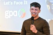 19 January 2024; Dublin footballer Evan Comerford speaking in a panel discussion during the GPA Rookie Camp at the Radisson Blu Hotel, Dublin Airport. Photo by Sam Barnes/Sportsfile