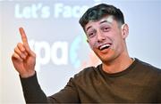 19 January 2024; Dublin footballer Evan Comerford speaking in a panel discussion during the GPA Rookie Camp at the Radisson Blu Hotel, Dublin Airport. Photo by Sam Barnes/Sportsfile