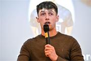 19 January 2024; Speaking in a panel discussion is Dublin footballer Evan Comerford during the GPA Rookie Camp at the Radisson Blu Hotel, Dublin Airport. Photo by Sam Barnes/Sportsfile