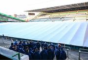 19 January 2024; Leinster players huddle during a Leinster Rugby captain's run as the pitch is covered with frost covers at Mattioli Woods Welford Road Stadium in Leicester, England. Photo by Harry Murphy/Sportsfile