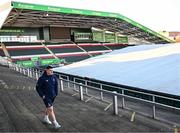 19 January 2024; Dan Sheehan walks along the terrace as the pitch is covered with frost protection during a Leinster Rugby captain's run at Mattioli Woods Welford Road Stadium in Leicester, England. Photo by Harry Murphy/Sportsfile