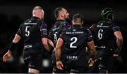 19 January 2024; Jack Aungier of Connacht, second from left, celebrates with teammates after scoring their side's second try during the Investec Champions Cup Pool 1 Round 4 match between Connacht and Bristol Bears at the Dexcom Stadium in Galway. Photo by Seb Daly/Sportsfile