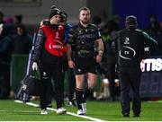 19 January 2024; JJ Hanrahan of Connacht leaves the pitch to receive medical attention during the Investec Champions Cup Pool 1 Round 4 match between Connacht and Bristol Bears at the Dexcom Stadium in Galway. Photo by Seb Daly/Sportsfile