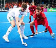 19 January 2024; Lee Cole of Ireland in action against Alejandro Alonso of Spain during the FIH Men's Olympic Hockey Qualifying Tournament semi-final match between Ireland and Spain at Campo de Hockey Hierba Tarongers in Valencia, Spain. Photo by Manuel Queimadelos/Sportsfile