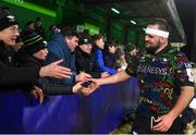 19 January 2024; Jack Aungier of Connacht and supportrers after the Investec Champions Cup Pool 1 Round 4 match between Connacht and Bristol Bears at the Dexcom Stadium in Galway. Photo by Seb Daly/Sportsfile