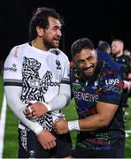 19 January 2024; Steven Luatua of Bristol Bears and Bundee Aki of Connacht after the Investec Champions Cup Pool 1 Round 4 match between Connacht and Bristol Bears at the Dexcom Stadium in Galway. Photo by Seb Daly/Sportsfile
