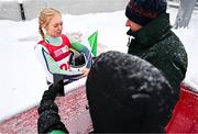 20 January 2024; Lily Cooke of Team Ireland speaking to media after competing in the luge event during day one of the Winter Youth Olympic Games 2024 at Gangwon in South Korea. Photo by Eóin Noonan/Sportsfile