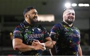 19 January 2024; Connacht players Bundee Aki, left, and Jack Aungier after the Investec Champions Cup Pool 1 Round 4 match between Connacht and Bristol Bears at the Dexcom Stadium in Galway. Photo by Seb Daly/Sportsfile