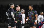 19 January 2024; Connacht players, from left, Tiernan O’Halloran, David Hawkshaw and Bundee Aki during the Investec Champions Cup Pool 1 Round 4 match between Connacht and Bristol Bears at the Dexcom Stadium in Galway. Photo by Seb Daly/Sportsfile