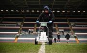 20 January 2024; A member of the groundstaff paints the pitch lines before the Investec Champions Cup Pool 4 Round 4 match between Leicester Tigers and Leinster at Mattioli Woods Welford Road in Leicester, England. Photo by Harry Murphy/Sportsfile