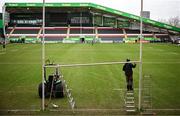 20 January 2024; A member of the groundstaff sets up the crossbar on the goalposts before the Investec Champions Cup Pool 4 Round 4 match between Leicester Tigers and Leinster at Mattioli Woods Welford Road in Leicester, England. Photo by Harry Murphy/Sportsfile