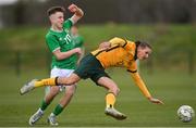 20 January 2024; Lachlan Henderson of Australia is fouled by Richard Ferizaj of Republic of Ireland during the international friendly match between Republic of Ireland MU15 and Australia U16 Schoolboys at the FAI National Training Centre in Abbotstown, Dublin. Photo by Seb Daly/Sportsfile