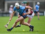 20 January 2024; Alex Considine of Dublin in action against Shane Morgan of Galway during the Dioralyte Walsh Cup semi-final match between Dublin and Galway at Parnell Park in Dublin. Photo by Stephen Marken/Sportsfile
